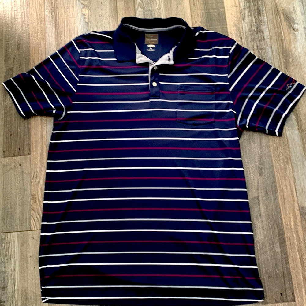 Greg Norman Play Dry Mens Polo. Like new condition. Blue with stripes. Polyester